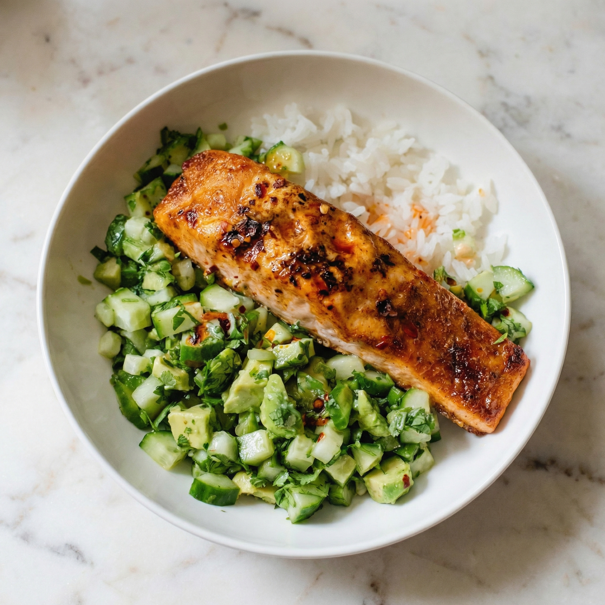 Bright & Fresh: Oven-Baked Salmon with Avocado Cucumber Salsa and Fluffy Rice