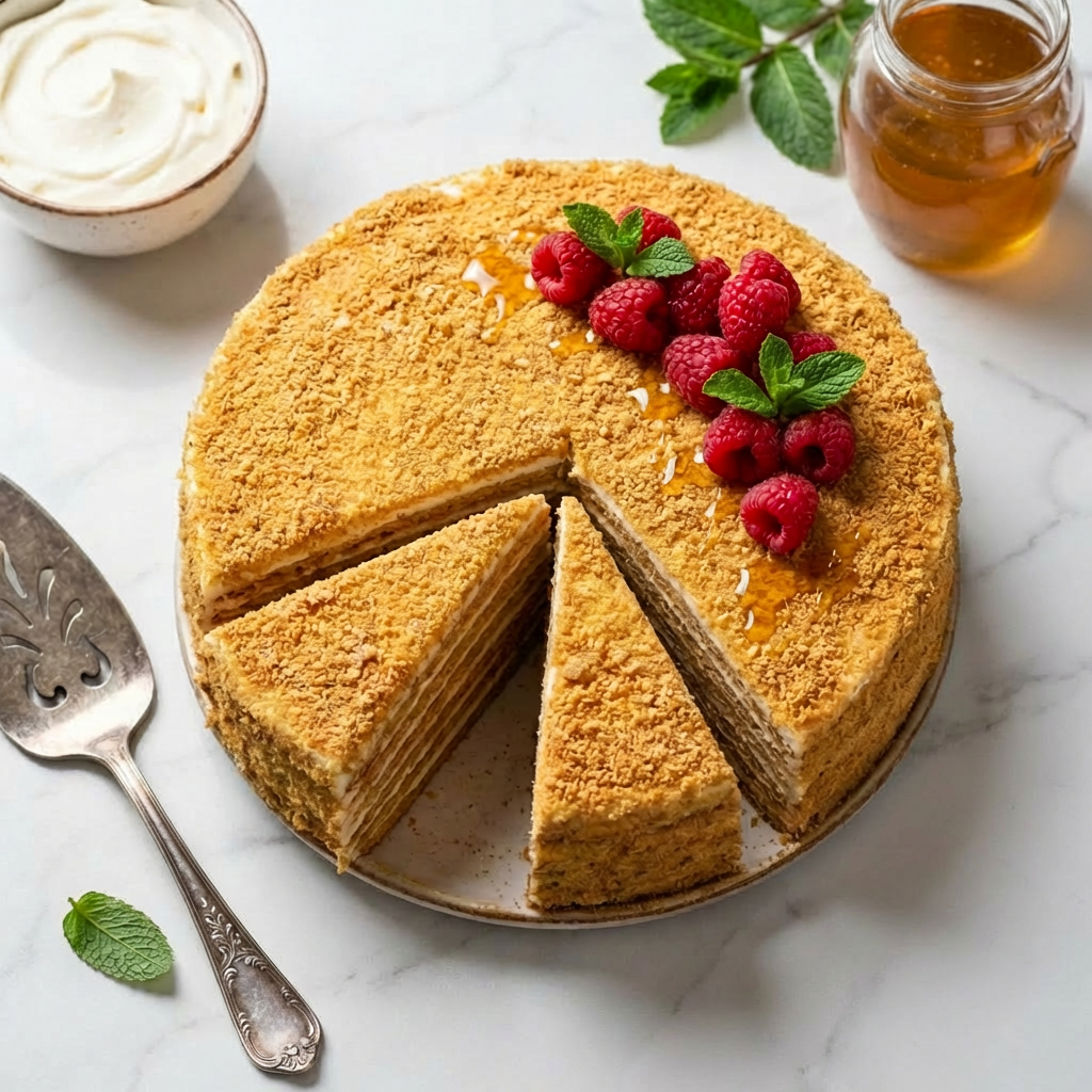 Medovik: The Legendary Russian Honey Cake with Sour Cream Frosting