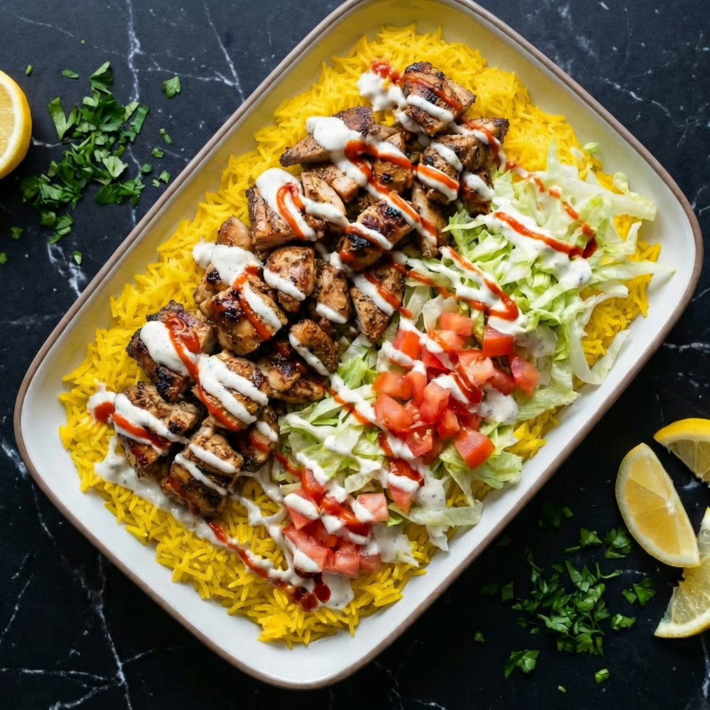 Flavor-Packed and Irresistible: How to Make Halal Cart-Style Chicken and Rice with White Sauce at Home